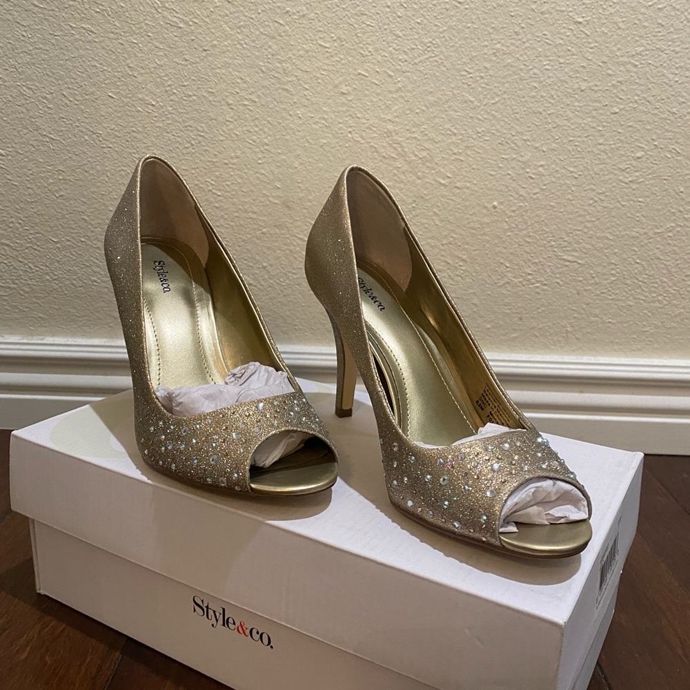 Gold open toe pumps